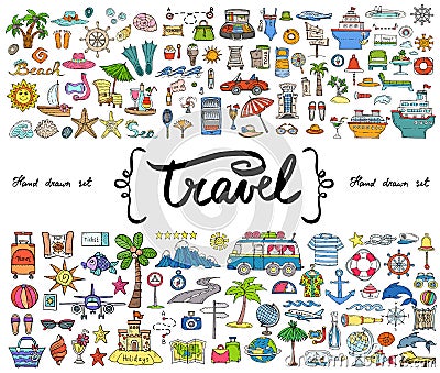 Vector set with hand drawn colored doodles on the theme of travel, tourism. Sketches for use in design Cartoon Illustration