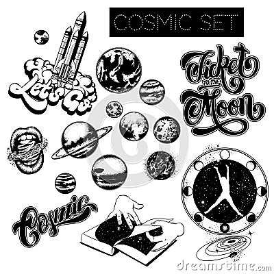 Vector set of hand drawn cosmic illustrations with rocket, planets, handwritten lettering. Vector Illustration