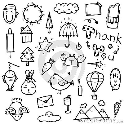 Hand drawn cute doodles collection elements vector illustration of animal, tree, word, objects for prints design or card design Vector Illustration