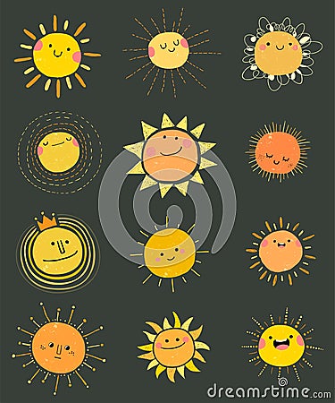 Set of hand drawn vector cute sun icons for summer design Vector Illustration