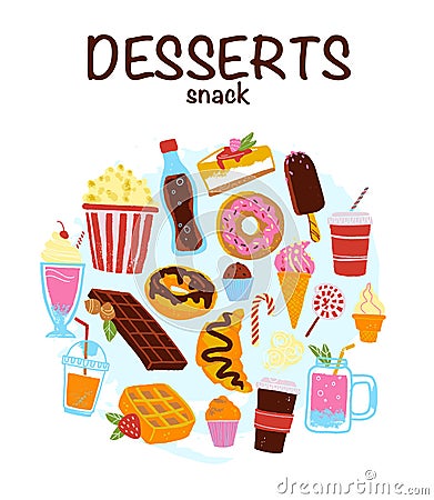 Vector set of hand drawn desserts, snacks & drinks isolated on white background. Vector Illustration