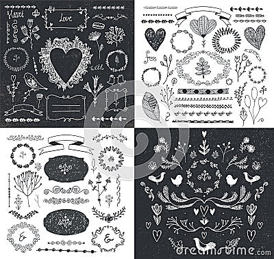 Vector set of hand drawn doodle branches, frames, borders, laurels. Linear romantic wedding collection, graphic design Vector Illustration