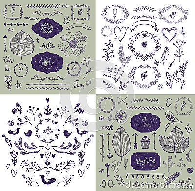 Vector set of hand drawn doodle branches, frames, borders, laurels. Linear romantic wedding collection, graphic design Vector Illustration