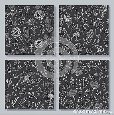 Vector set of hand drawn doodle flower seamless patterns, nature backgrounds. Vector Illustration