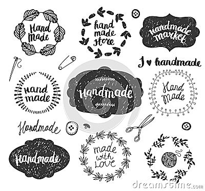 Vector set of hand drawn doodle frames, badges. Handmade, workshop, hand made shop graphic design set. Arts and crafts Vector Illustration