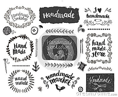 Vector set of hand drawn doodle frames badges. Handmade, workshop Vector Illustration