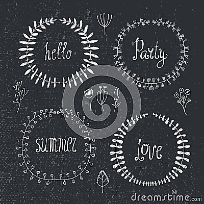 Vector set of hand drawn doodle frames, laurels, wreaths with lettering - hello, party, summer, love. Vector Illustration