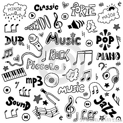 Vector set of hand drawn doodles on music theme Vector Illustration