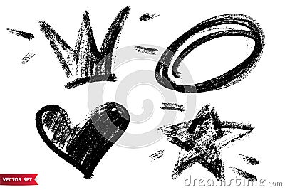 Vector set of hand drawn dry brush symbols. Black charcoal hand drawn crown, heart, star and circle images. Vector Illustration