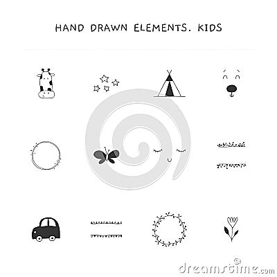 Vector set of hand drawn elements for children related business. Vector Illustration