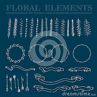 Vector set of hand drawn floral squared and rounded frames and decorative elements and ornaments. Vector Illustration