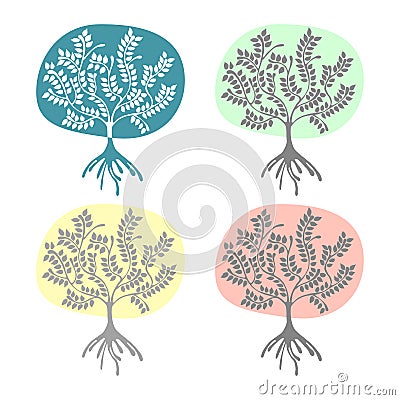 Vector set of hand drawn illustrations, decorative ornamental stylized tree. Graphic illustrations isolated on the white backgroun Vector Illustration