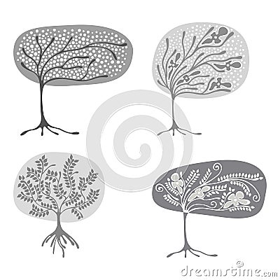 Vector set of hand drawn illustrations, decorative ornamental stylized tree. Graphic illustrations isolated on the white backgroun Vector Illustration