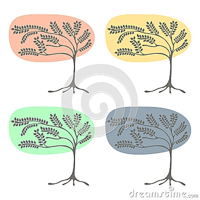 Vector set of hand drawn illustrations, decorative ornamental stylized tree. Graphic illustrations isolated on the white backgroun Vector Illustration