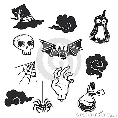 Vector set of hand-drawn illustrations for Halloween stamps. A collection of graphic elements for holiday prints. Skull, bat, Vector Illustration