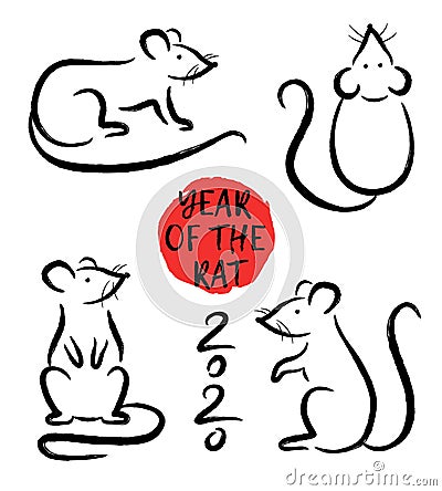 Vector set with hand drawn rats. Symbol Zodiac sign. Decorative elements for Happy New 2020 Year Vector Illustration