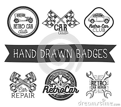 Vector set of hand drawn retro car labels in vintage style. Auto club design elements, emblems, badges, logo and icons Vector Illustration