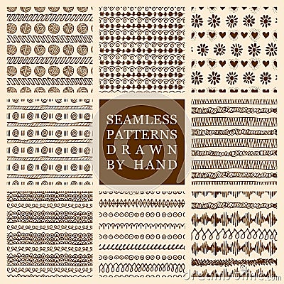 Vector set of hand drawn seamless pattern made with ink. Freehand textures for fabric, polygraphy, web design Vector Illustration