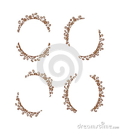 Vector set of hand drawn simple frames made with coffee beans isolated on white background. Ink drawing, stamp seeds, painting. Vector Illustration