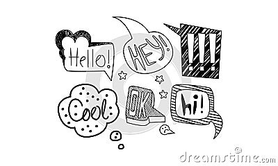 Vector set of hand drawn speech bubbles with short messages. Dialog clouds with text. Internet chat words Vector Illustration