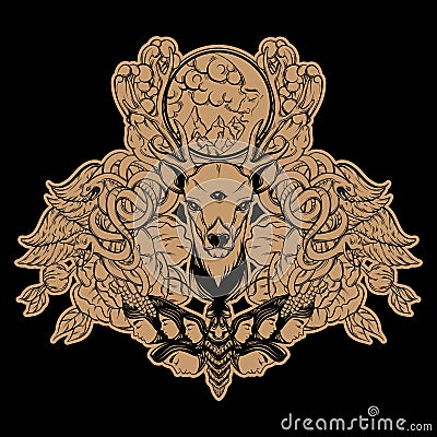 Vector set of hand drawn unique illustration of deer, surreal moth, snakes and moon . Vector Illustration