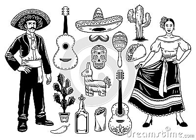 Set of Hand Drawn Vintage Mexican Culture Objects Vector Illustration