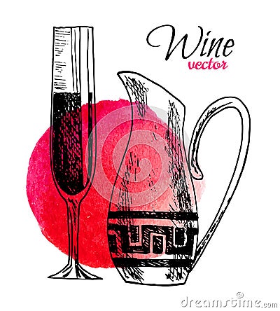 Vector set of hand drawn wine pitcher and a glass of wine illustration on watercolor background for menu or restaurant Vector Illustration