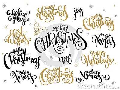 Vector set of hand lettering christmas greetings phrases-merry christmas - with holly leaves and snowflakes Vector Illustration