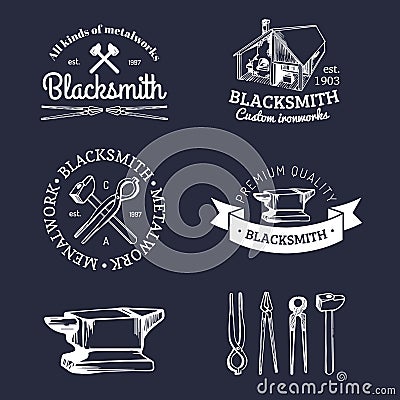 Vector set of hand sketched blacksmith logos. Vector farrier icons collection. Vector Illustration