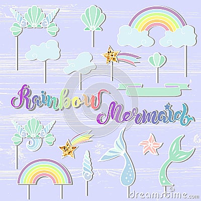 Vector set with handwritten lettering Mermaid, Rainbow, Seashell Crown, Tails, cloud, star Stock Photo