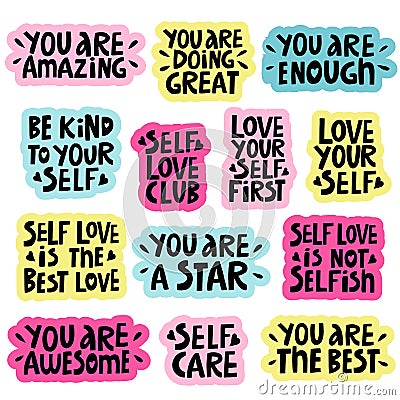 vector set of handwritten motivating inscriptions on the theme of self-love Vector Illustration