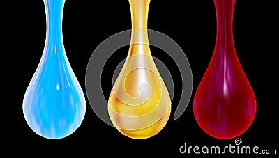 Vector set of hanging drops. Water honey and blood. Vector Illustration