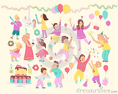 Vector set of happy kids celebrating birthday party and different decor elements - garlands, bd cake, candy, balloons, gifts isola Vector Illustration