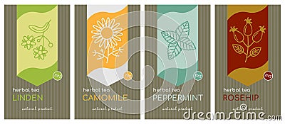 Vector set of herbal tea labels with icons of herbs and plants. Tea packaging template, peppermint and chamomile, rosehip and Vector Illustration