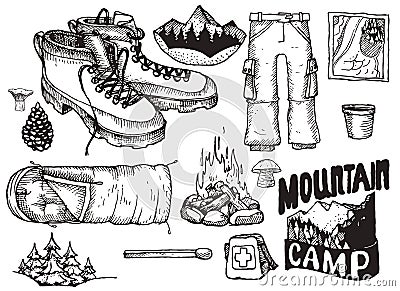 Vector set of highly detailed hand drawn camping stuff. Vintage signs collection. Vector Illustration