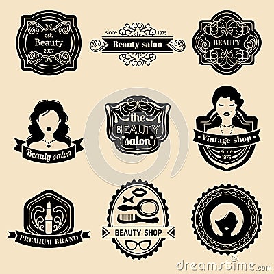 Vector set of hipster woman logo of beauty salon or vintage shop. Retro icons collection in flat style. Vector Illustration