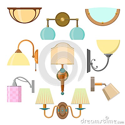 Vector set of home light in flat style. Illustration with lamps on white background. Vector Illustration