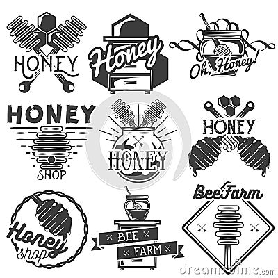 Vector set of honey and beekeeping labels, badges, logo, icons, design elements Vector Illustration