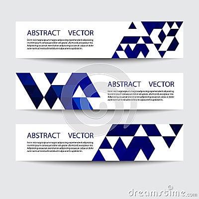 Vector set of horizontal banners. Blue triangles on a white background, abstract geometric backgrounds. Vector Illustration