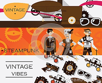 Vector set with horizontal banners dedicated to vintage, retro and steampunk antique. Goggles and dirigible, lovely characters Stock Photo
