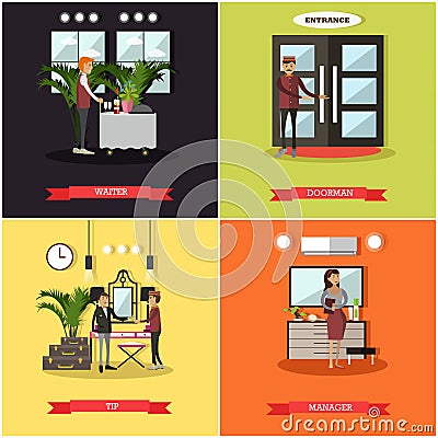 Vector set of hotel square posters in flat style Vector Illustration