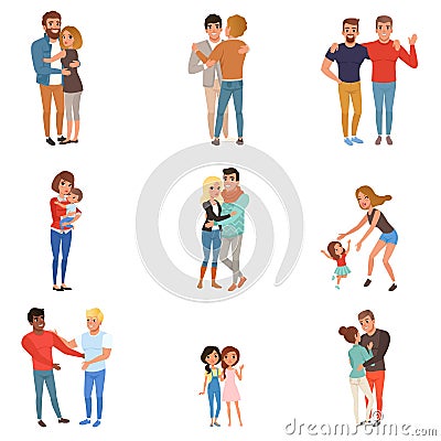 Set with hugging people. Friends, girlfriends, brothers, mothers and kids, couples in love. Cartoon characters with Vector Illustration