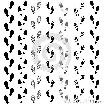 Vector set of human footprints icon. Collection of bare foots, boots, sneakers, shoes with heels. Design for frames, textile, fabr Vector Illustration