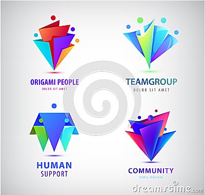 Vector set of human, people group logos. Family, business teamwork, friendship concept. 3d origami Vector Illustration