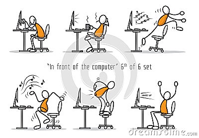 Vector set of humor cartoon man in front of a computer. Print illustration Vector Illustration