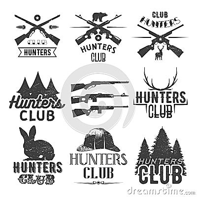 Vector set of hunting club labels in vintage style. Design elements, emblems, badges, hunt logo Vector Illustration