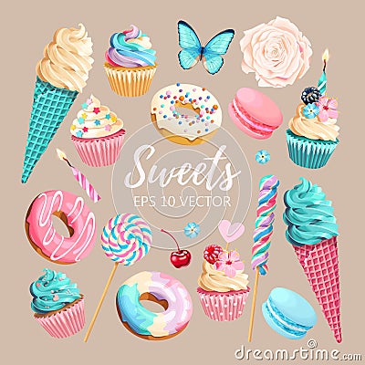 Vector set of ice cream, muffins and macaroons Vector Illustration