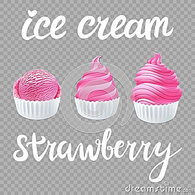 Vector Set of Ice cream scoops poster design with Strawberry Soft On transparent background Vector Illustration