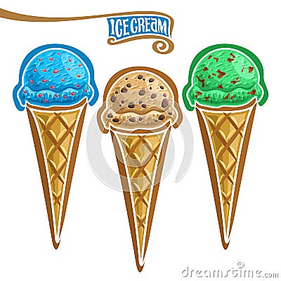 Vector set of Ice Cream in Waffle Cone Vector Illustration