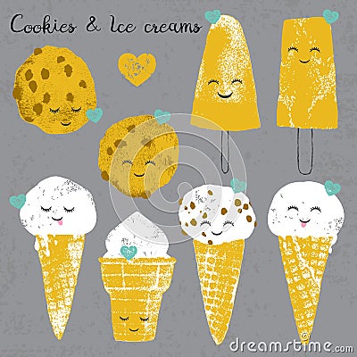 Vector set with ice creams and cookies and hearts in cartoon and Vector Illustration